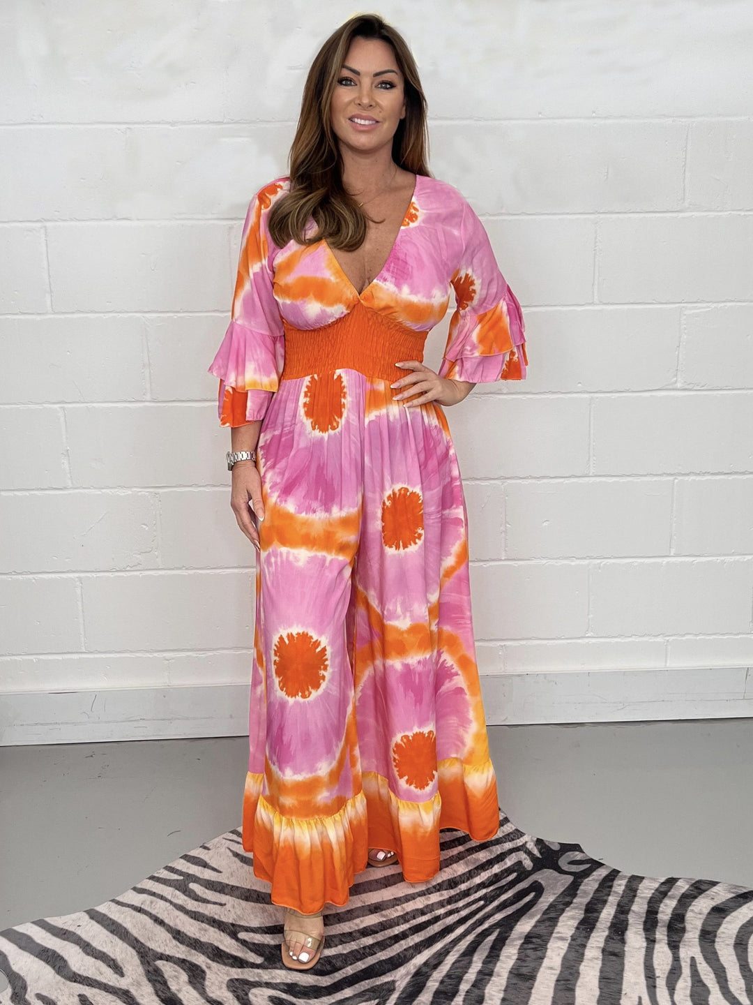 Damen Maxikleid mit asymmetrischen Ärmeln und einzigartigem Batik-Design R&B