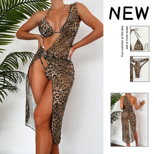 Damen Zweiteiliges Bademode-Set mit Leopardenmuster und transparentem Wickelrock R&B
