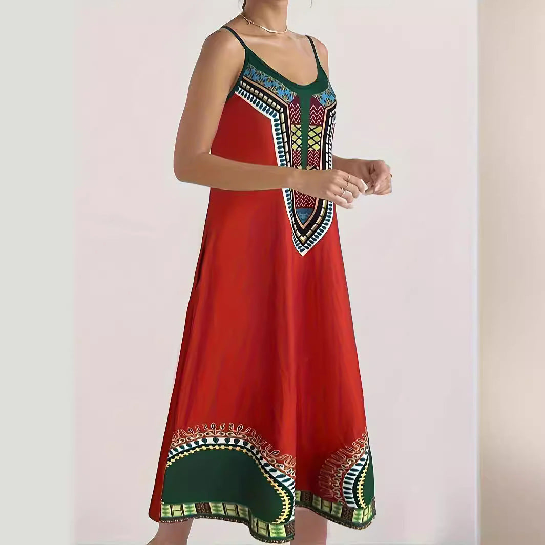 Damen Maxikleid mit künstlerischem Grafikdruck und tiefem V-Ausschnitt R&B