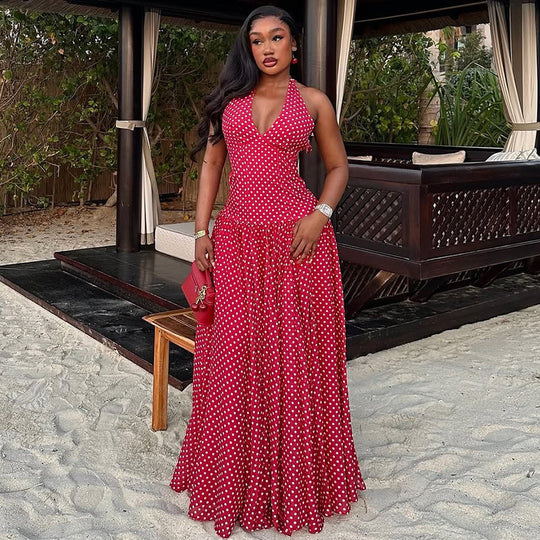 Damen nan langes Neckholderkleid mit tiefem V-Ausschnitt, taillierter Empire-Naht und schwingendem Stufenrock R&B