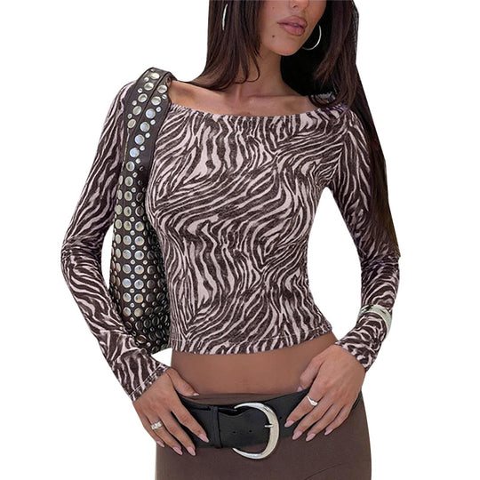 Damen körperbetontes Langarm-Shirt mit trendigem Tiermuster R&B