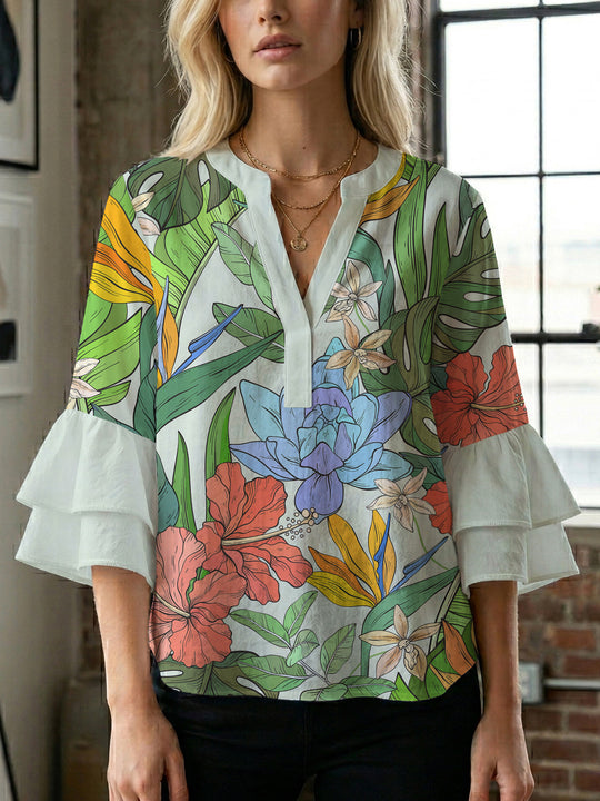 Damen elegantes Blusenshirt mit voluminösen Rüsenärmeln und grafischem Blumendesign R&B