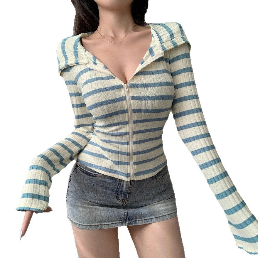 Damen Figurbetontes Blusenshirt mit Reißverschluss und Kapuze R&B