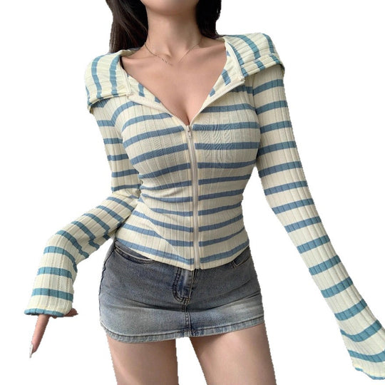 Damen Figurbetontes Blusenshirt mit Reißverschluss und Kapuze R&B