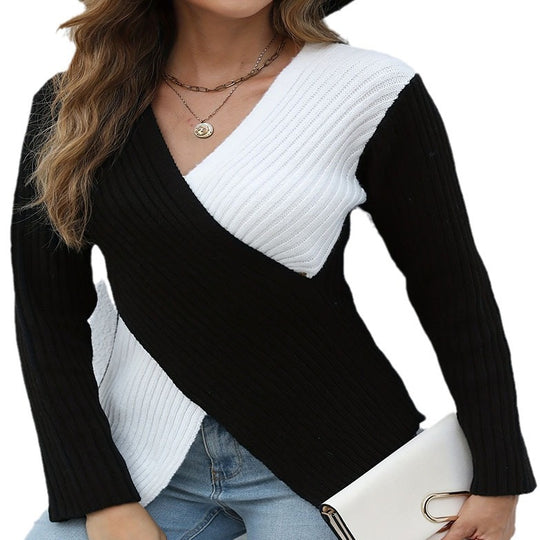 Damen eleganter V-Ausschnitt Pullover mit asymmetrischem Streifenmuster R&B