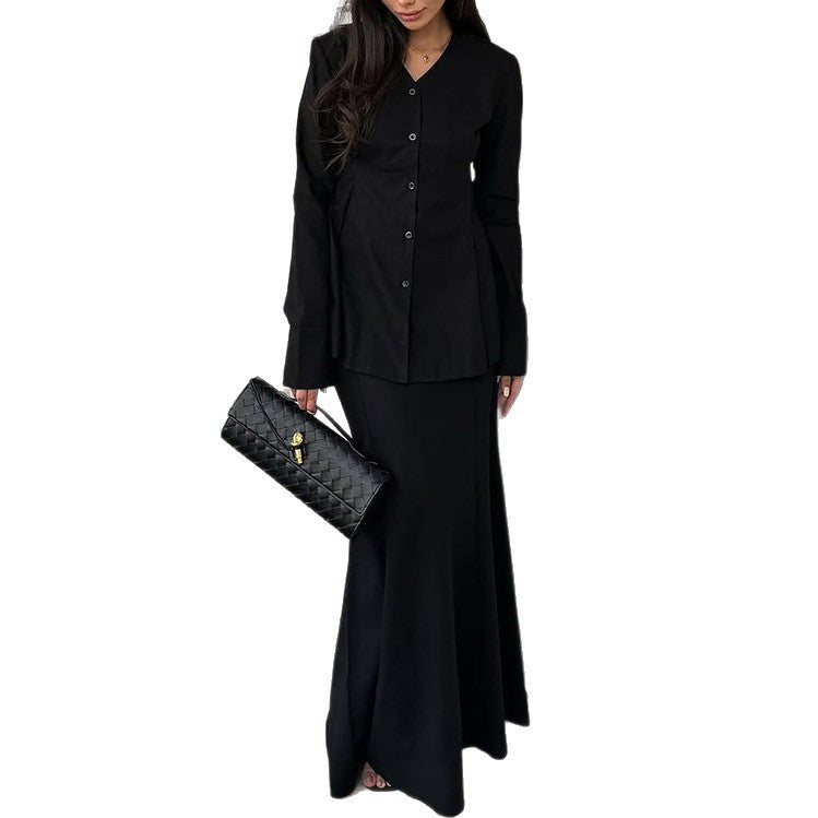 Damen Elegantes Deux-Pieces-Anzugset mit schwingendem Oberteil und bodenlangem Rock R&B