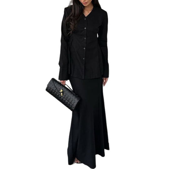 Damen Elegantes Deux-Pieces-Anzugset mit schwingendem Oberteil und bodenlangem Rock R&B