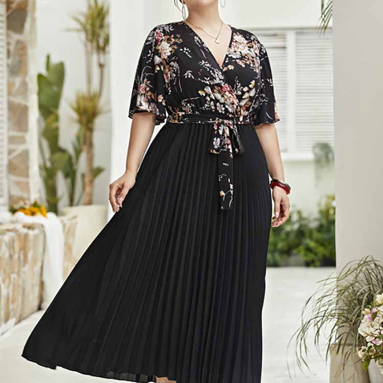 Damen Maxi-Kleid mit floralem Oberteil und plissiertem Rock R&B