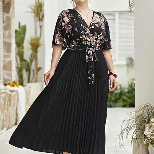 Damen Maxi-Kleid mit floralem Oberteil und plissiertem Rock R&B