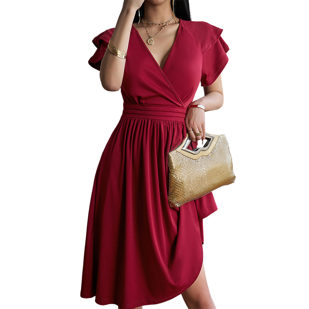 R&B | V-Ausschnitt Einfarbig Kurzarmkleid Für Frauen