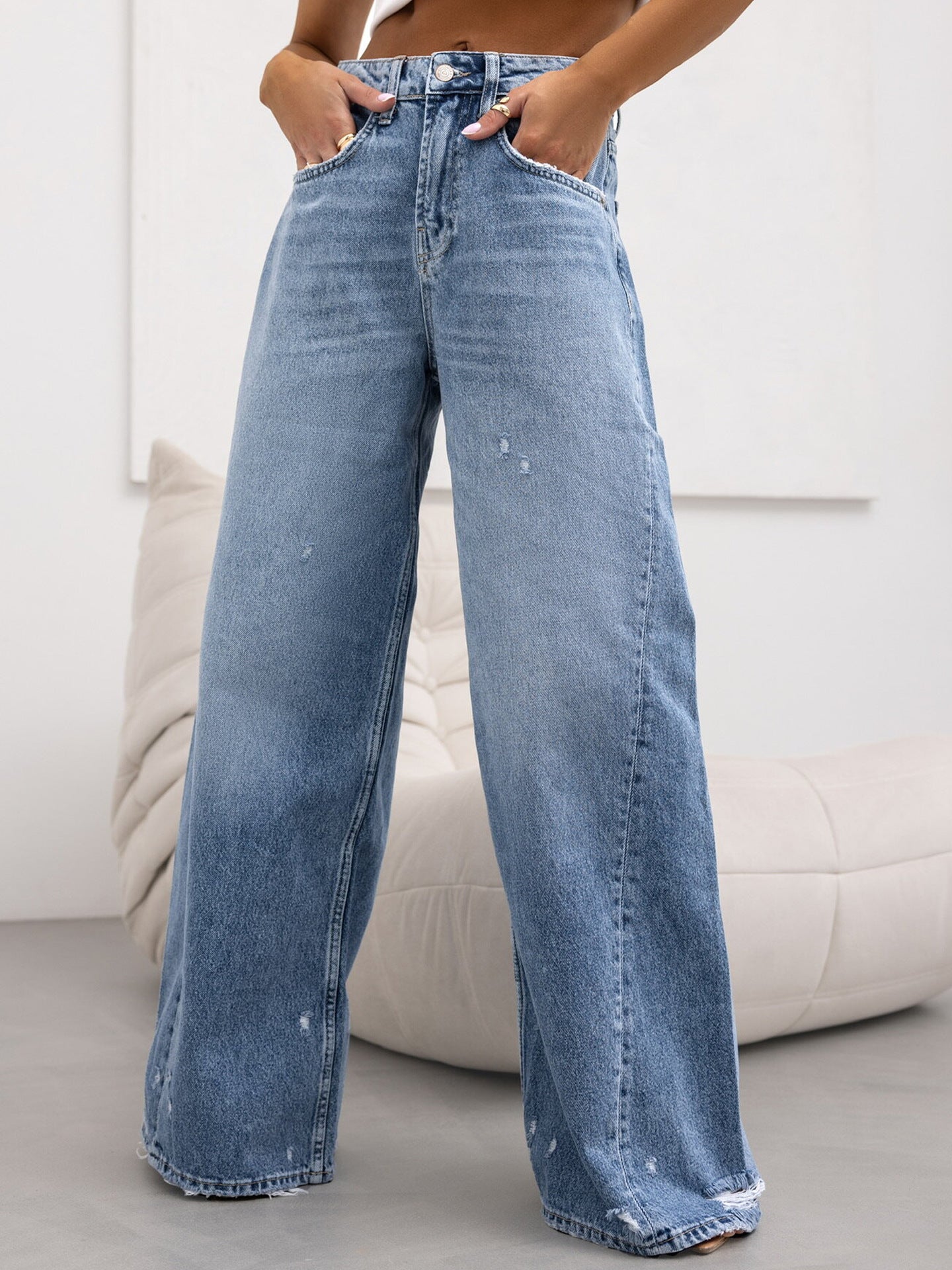 Damen Weite Jeans im Vintage-Stil mit hohen Taschen und trendigen Used-Effekten R&B