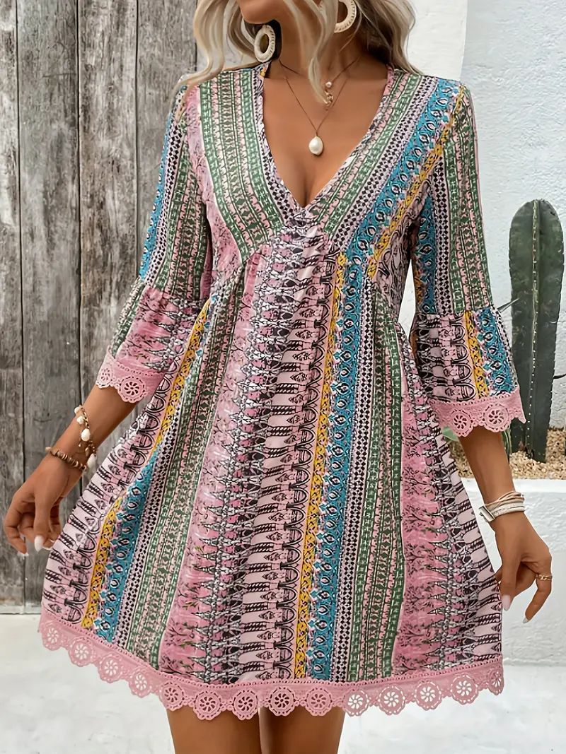 R&B | Bedrucktes Freizeitkleid mit V-Ausschnitt