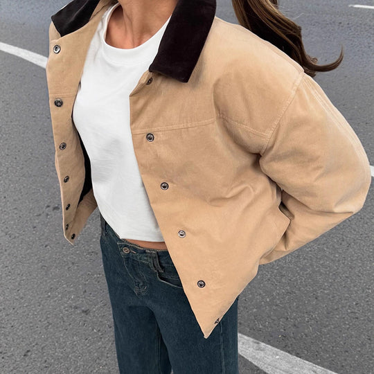 Damen modische Oversized-Jacke mit Samtkragen und Druckknopfverschluss R&B