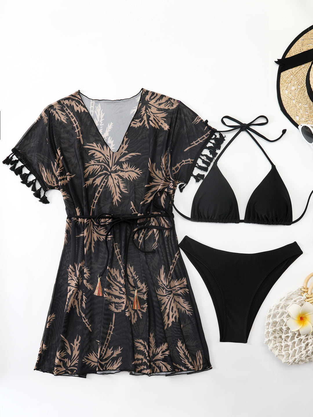 Damen strandtaugliches Kaftan-Set mit modischem Palmendruck R&B
