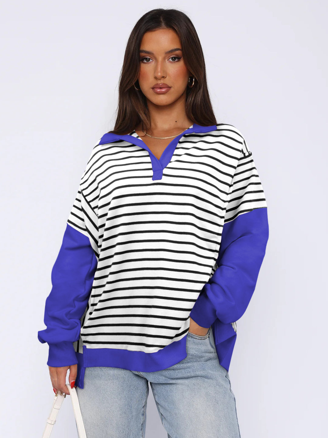 Damen Modischer Pullover mit gestreiftem Design und Kontrastdetails R&B