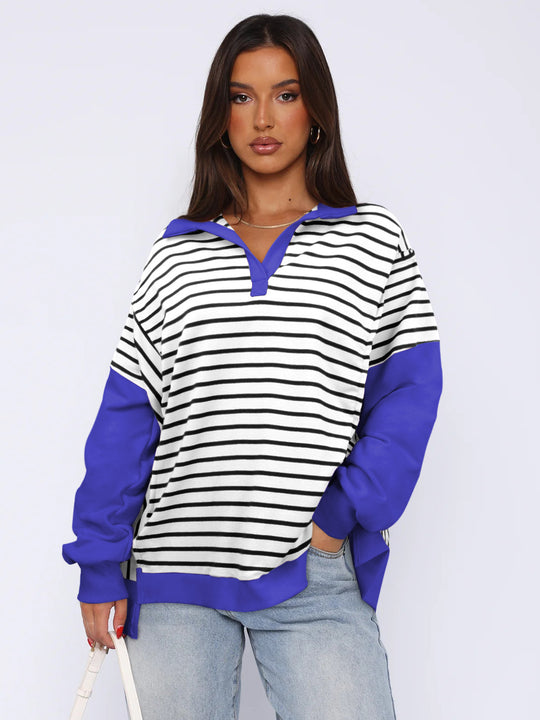 Damen Modischer Pullover mit gestreiftem Design und Kontrastdetails R&B