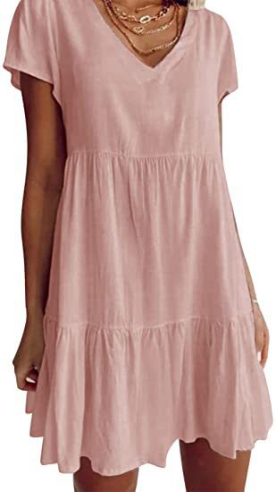 Damen luftiges V-Ausschnitt Kleid mit Rüschensaum und praktischen Taschen R&B