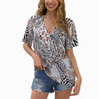 Damen Kurzarm Blusenshirt mit kreativem Tiermuster und V-Ausschnitt R&B