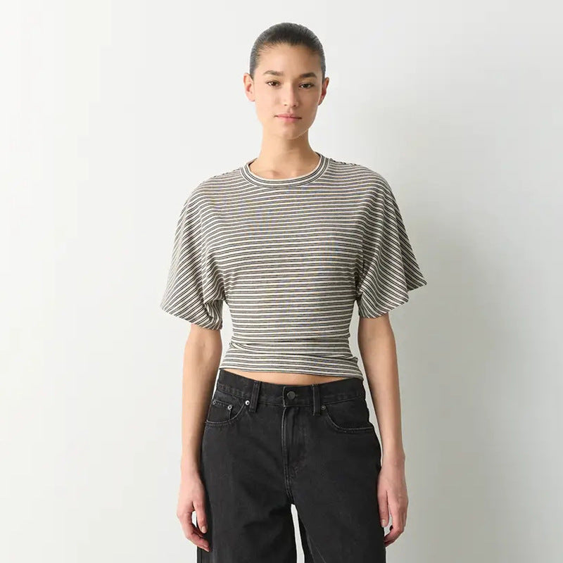 Damen modernes Kurzarm-Top mit lässigem Streifenmuster und elegantem Schnitt R&B