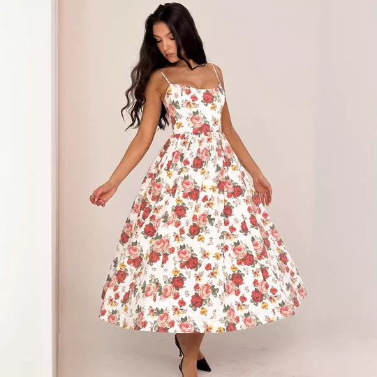 Damen Midi-Kleid mit elegantem Blumenmuster und zartem Taillenzug R&B