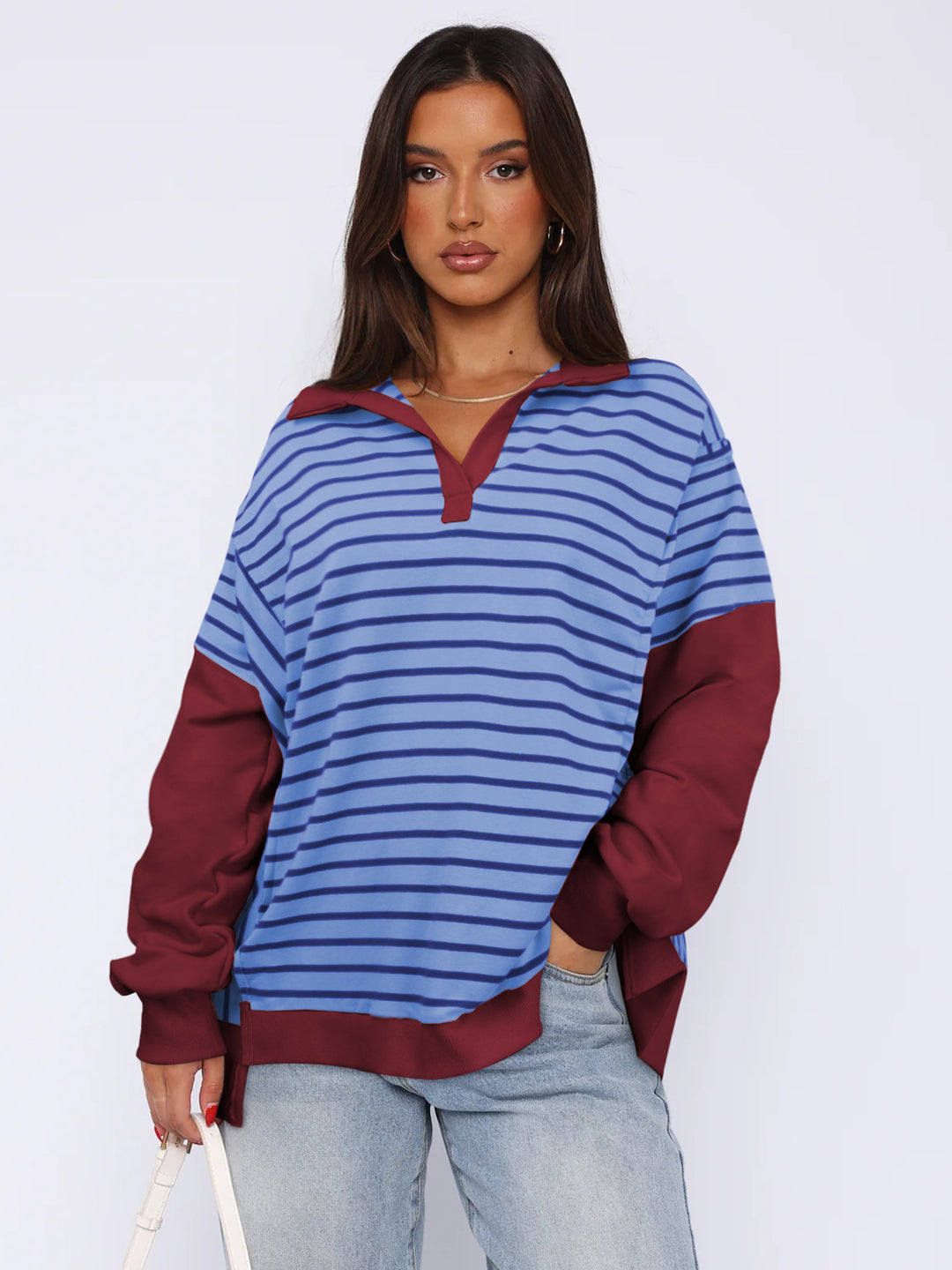 Damen Modischer Pullover mit gestreiftem Design und Kontrastdetails R&B