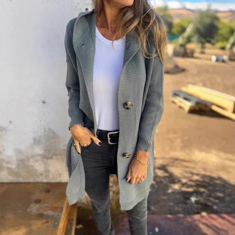 Damen Strickjacke mit Kapuze und dekorativen Knöpfen R&B
