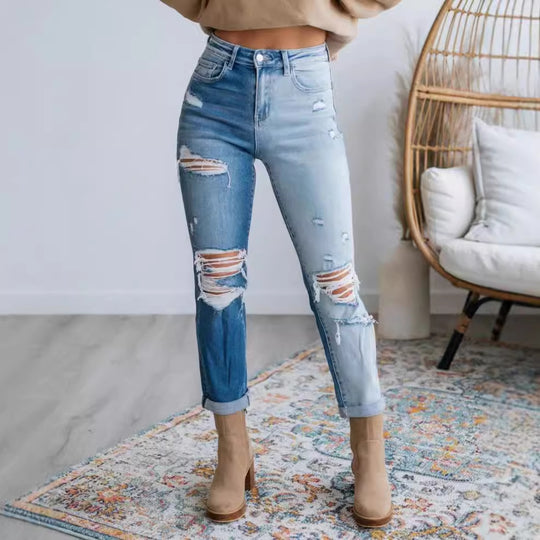 Damen Hoch geschnittene Destroyed Jeans im lässigen Vintage-Stil R&B