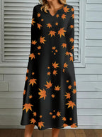 Damen Maxikleid mit V-Ausschnitt und herbstlichem Blattdesign R&B