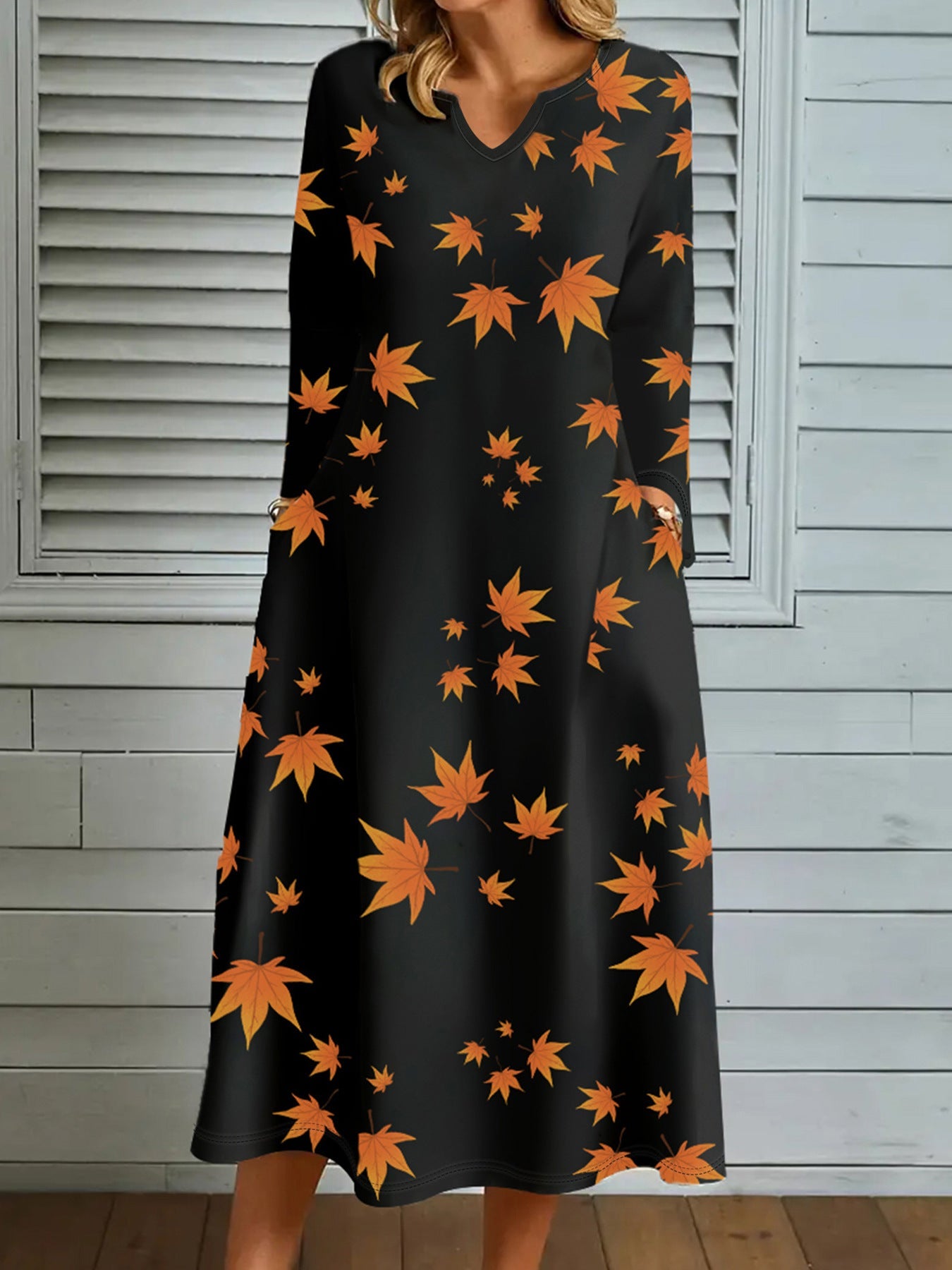 Damen Maxikleid mit V-Ausschnitt und herbstlichem Blattdesign R&B
