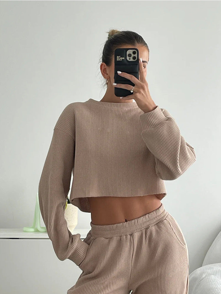 Damen lässiges Waffelpique-Set mit cropped Oberteil und bequemen Hosen R&B