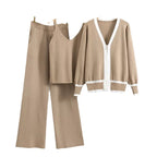 Damen lässiges Strick-Loungewear-Set mit hochwertigem Zip-Cardigan und Weitbein-Hosen R&B