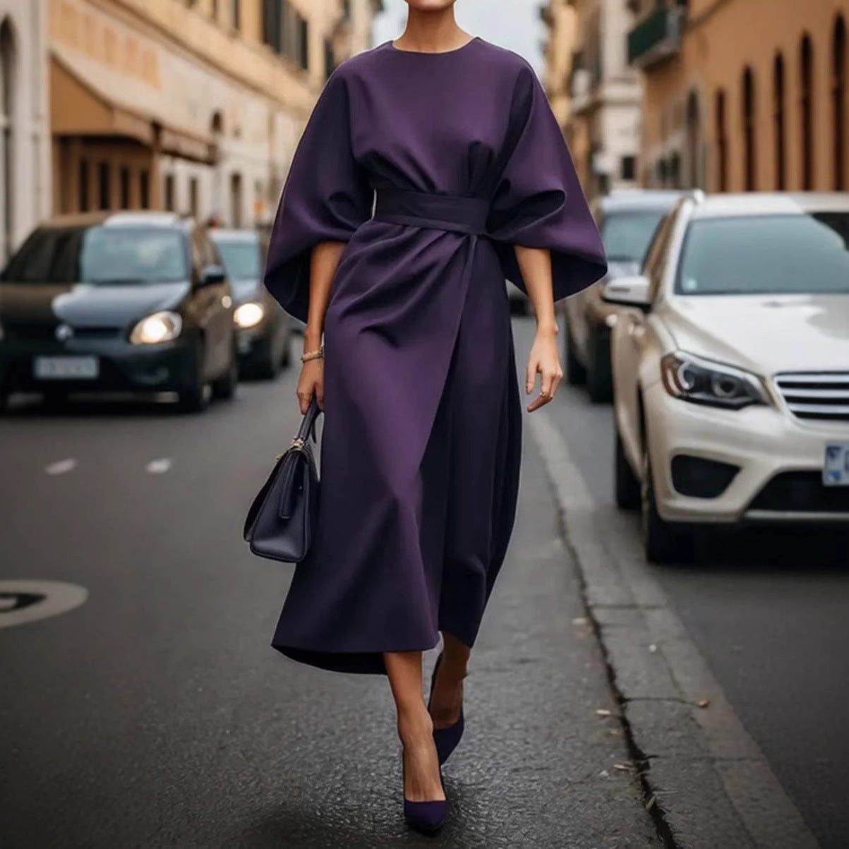 Damen elegantes Maxikleid mit Ballonärmel und tailliertem Schnitt R&B
