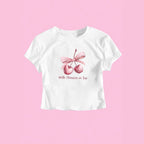 Damen Kurzarm Crop-T-Shirt mit fröhlichem Kirschmotiv und Schleifenapplikation R&B