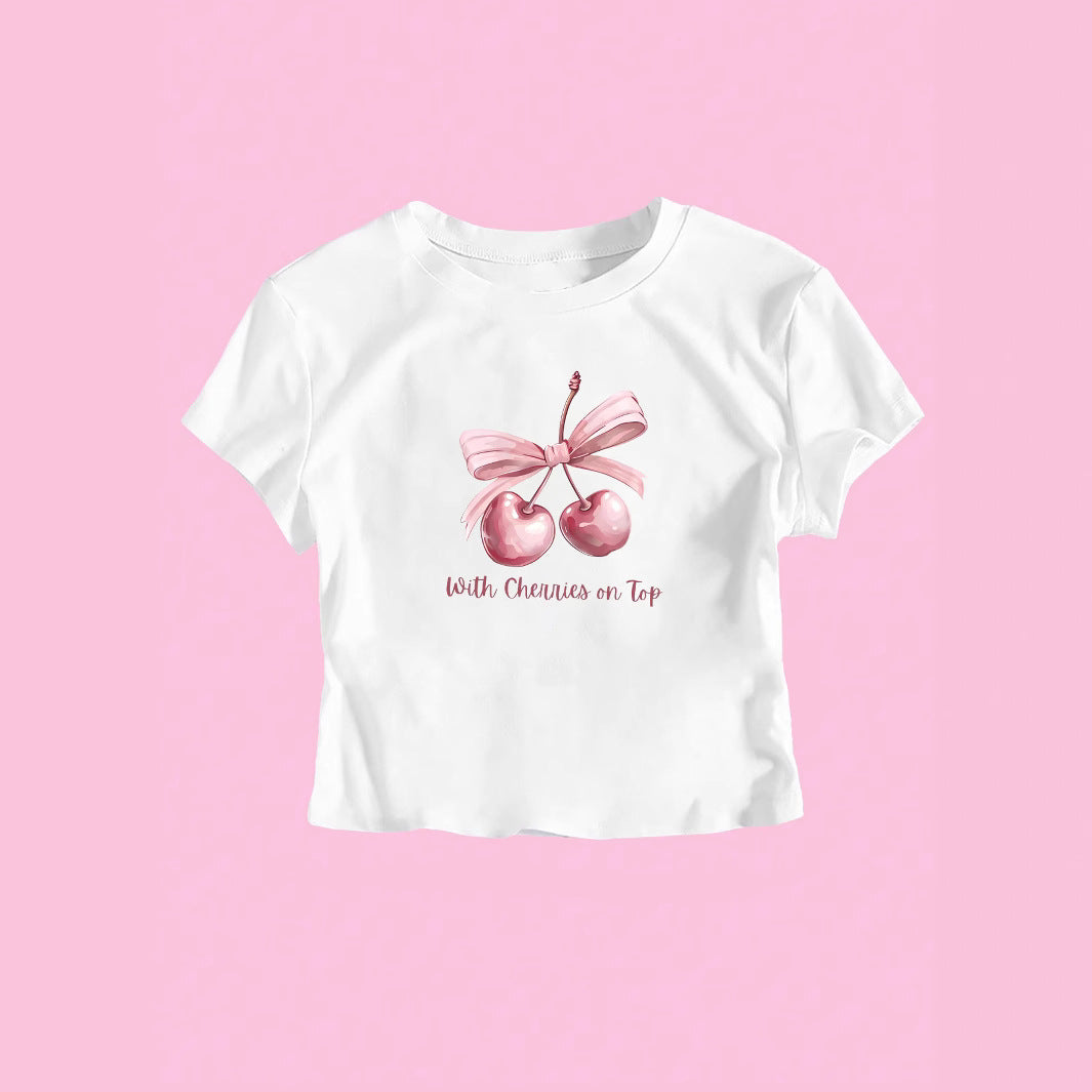 Damen Kurzarm Crop-T-Shirt mit fröhlichem Kirschmotiv und Schleifenapplikation R&B