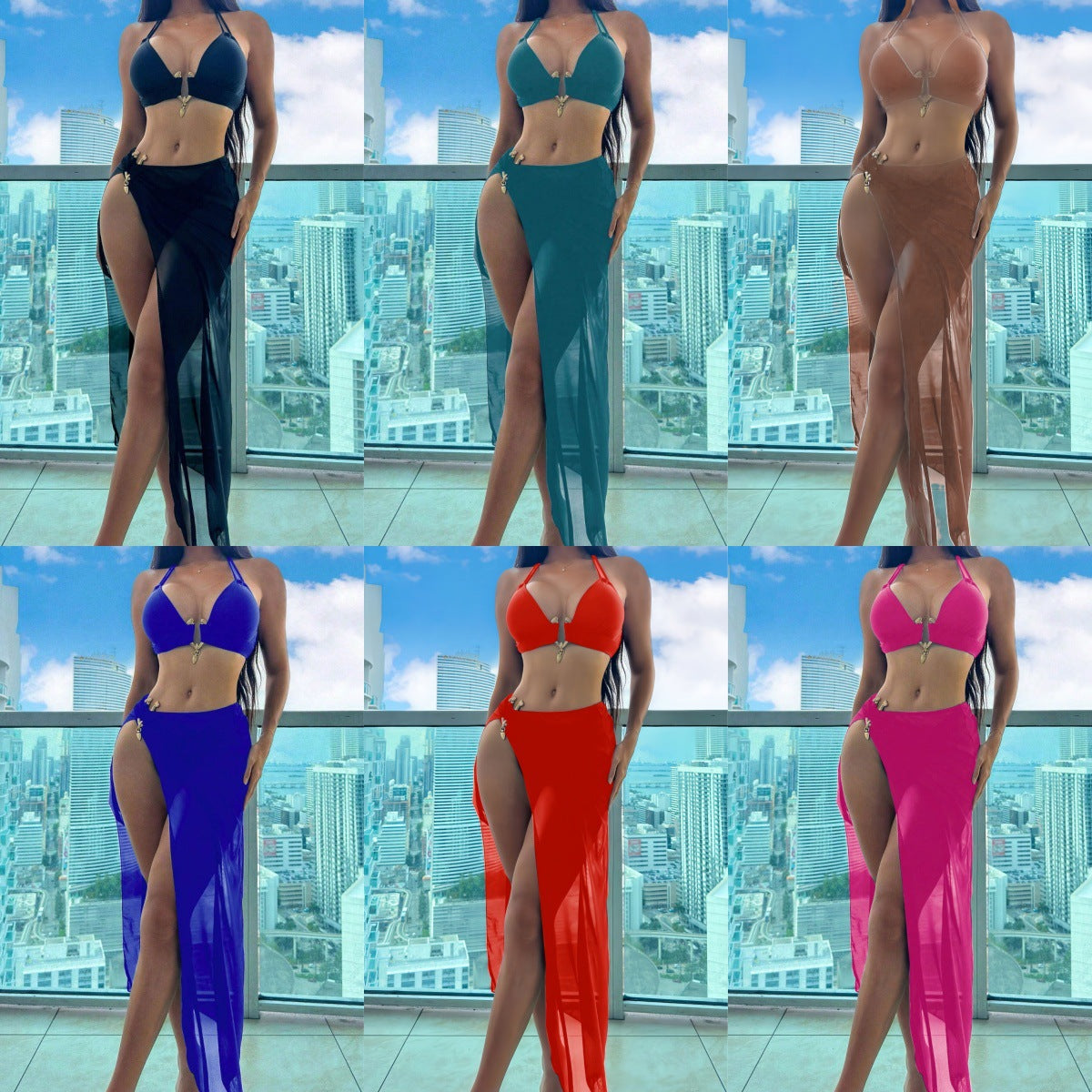 Damen Triangel-Bikini-Set mit eleganter Rock-Überwurf R&B