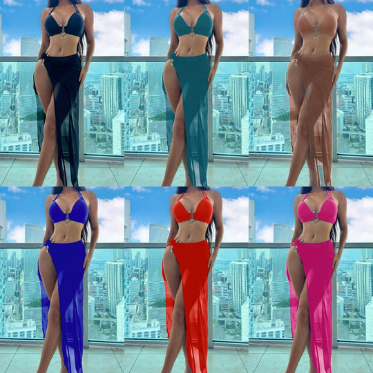 Damen Triangel-Bikini-Set mit eleganter Rock-Überwurf R&B