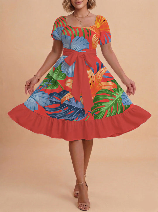 Damen elegantes Maxikleid mit floralem Design und Taillengürtel R&B