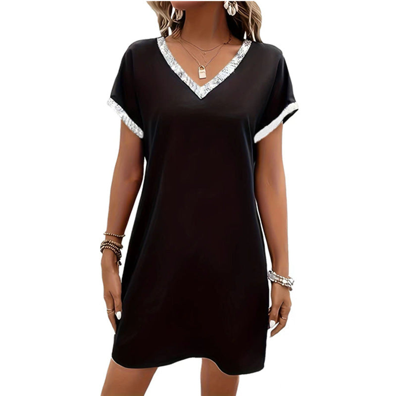 Damen lässiges V-Ausschnitt Kleid mit dekorativem Saum R&B