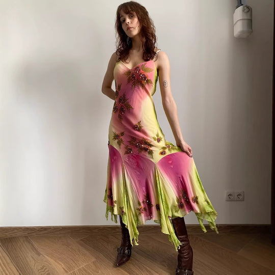 Damen asymmetrisches Sommerkleid mit floralem Design und zarten Spaghettiträgern R&B