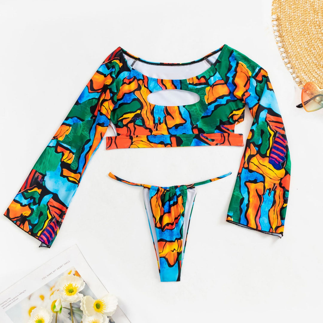 Damen Crop-Top Bikini mit langen Ärmeln und modischem Ausschnitt R&B