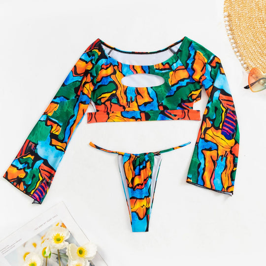 Damen Crop-Top Bikini mit langen Ärmeln und modischem Ausschnitt R&B