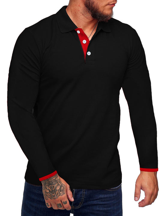 Herren Langarm-Polohemd mit kontrastierenden Knopfdetails R&B