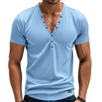 Herren Kurzarm Henley-T-Shirt mit modischem V-Ausschnitt und dekorativen Knöpfen R&B