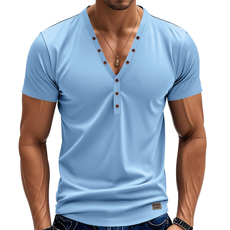 Herren Kurzarm Henley-T-Shirt mit modischem V-Ausschnitt und dekorativen Knöpfen R&B