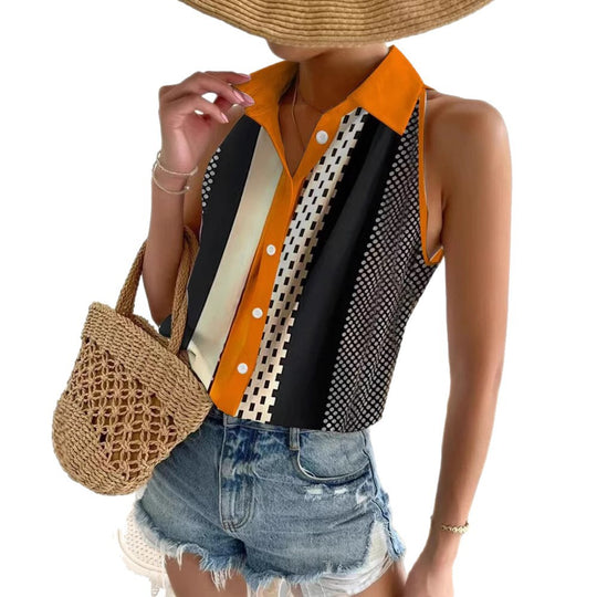Damen nan ärmelloses Blusen-Top mit Hemdkragen, durchgehender Knopfleiste und asymmetrischem Paneelprint R&B