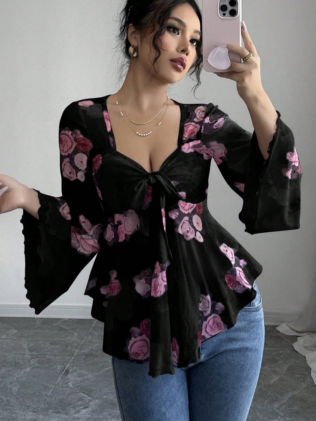 Damen luftige Bluse mit Blumenmuster R&B
