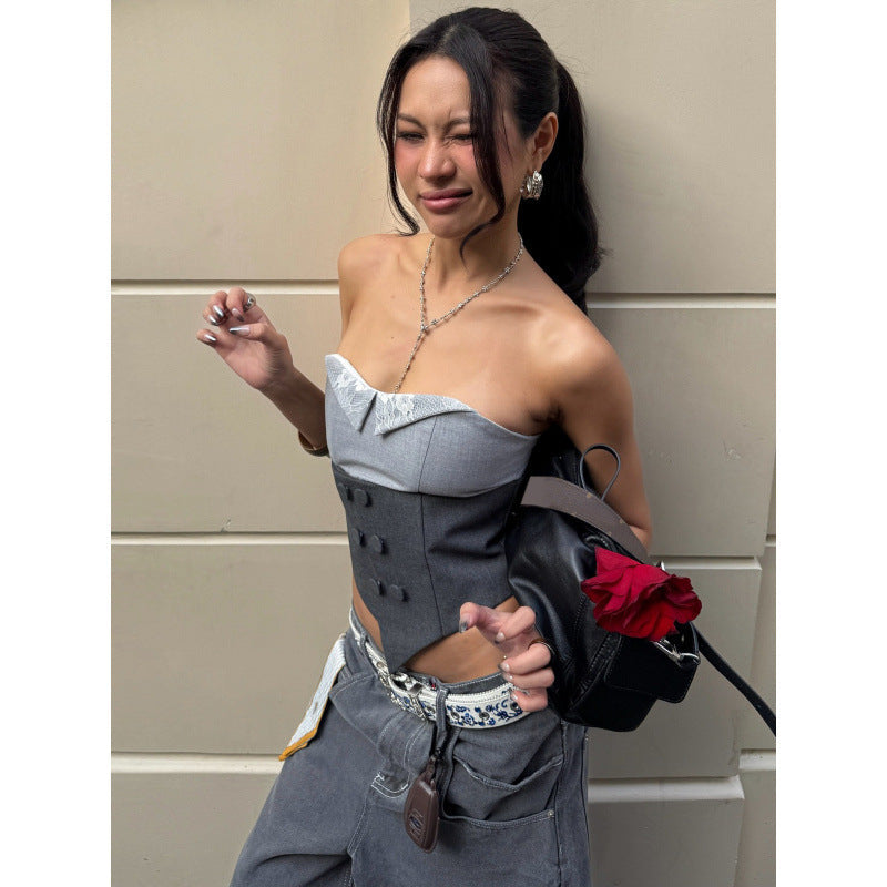 Damen Corsage mit Spitzenkragen und tailliertem Design R&B