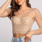 Damen glitzerndes Langarm-Top mit Strassverzierungen R&B