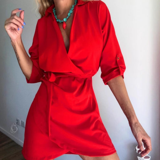 Damen Wickelkleid mit tiefem V-Ausschnitt und Taillengürtel R&B