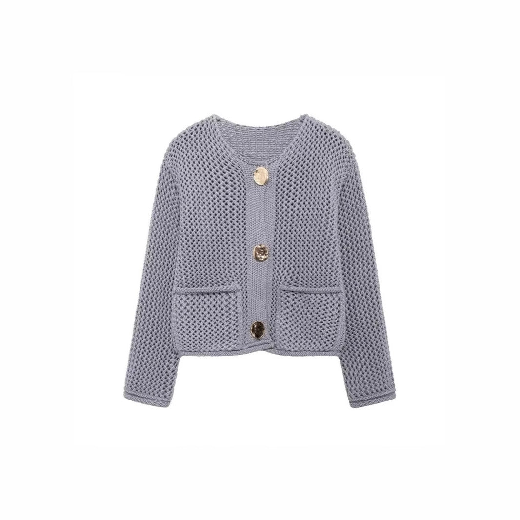 Damen luftige Strickjacke mit durchbrochenem Muster und praktischen Taschen R&B
